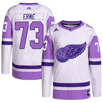 Authentic Adidas Men's Adam Erne Detroit Red Wings Hockey Fights Cancer Primegreen Jersey - White/Purple