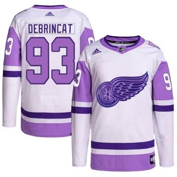 Authentic Adidas Men's Alex DeBrincat Detroit Red Wings Hockey Fights Cancer Primegreen Jersey - White/Purple