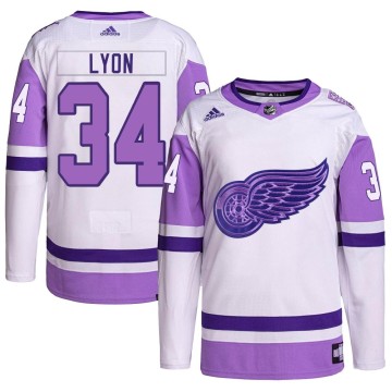 Authentic Adidas Men's Alex Lyon Detroit Red Wings Hockey Fights Cancer Primegreen Jersey - White/Purple