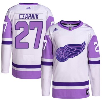 Authentic Adidas Men's Austin Czarnik Detroit Red Wings Hockey Fights Cancer Primegreen Jersey - White/Purple