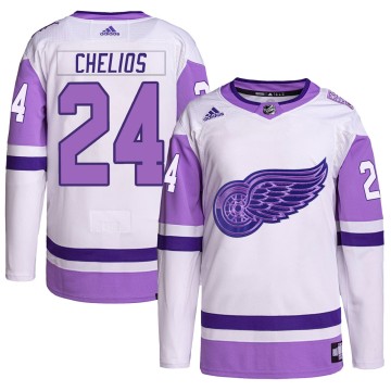 Authentic Adidas Men's Chris Chelios Detroit Red Wings Hockey Fights Cancer Primegreen Jersey - White/Purple