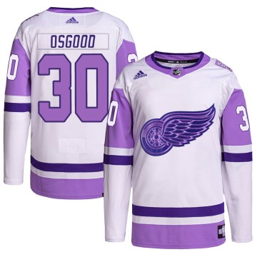 Authentic Adidas Men's Chris Osgood Detroit Red Wings Hockey Fights Cancer Primegreen Jersey - White/Purple