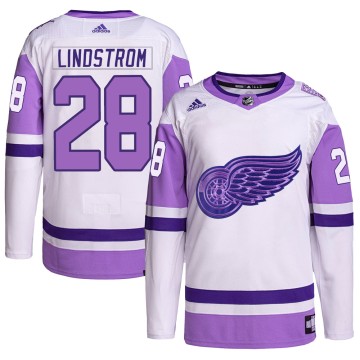 Authentic Adidas Men's Gustav Lindstrom Detroit Red Wings Hockey Fights Cancer Primegreen Jersey - White/Purple
