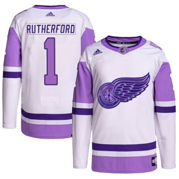 Authentic Adidas Men's Jim Rutherford Detroit Red Wings Hockey Fights Cancer Primegreen Jersey - White/Purple