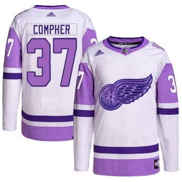 Authentic Adidas Men's J.T. Compher Detroit Red Wings Hockey Fights Cancer Primegreen Jersey - White/Purple