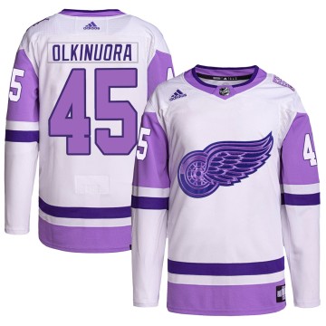 Authentic Adidas Men's Jussi Olkinuora Detroit Red Wings Hockey Fights Cancer Primegreen Jersey - White/Purple