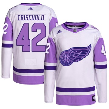 Authentic Adidas Men's Kyle Criscuolo Detroit Red Wings Hockey Fights Cancer Primegreen Jersey - White/Purple