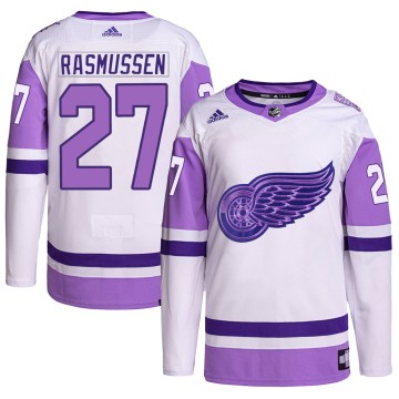 Authentic Adidas Men's Michael Rasmussen Detroit Red Wings Hockey Fights Cancer Primegreen Jersey - White/Purple