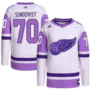 Authentic Adidas Men's Oskar Sundqvist Detroit Red Wings Hockey Fights Cancer Primegreen Jersey - White/Purple