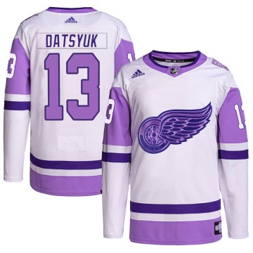 Authentic Adidas Men's Pavel Datsyuk Detroit Red Wings Hockey Fights Cancer Primegreen Jersey - White/Purple