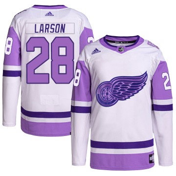 Authentic Adidas Men's Reed Larson Detroit Red Wings Hockey Fights Cancer Primegreen Jersey - White/Purple