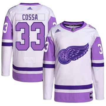 Authentic Adidas Men's Sebastian Cossa Detroit Red Wings Hockey Fights Cancer Primegreen Jersey - White/Purple