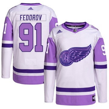 Authentic Adidas Men's Sergei Fedorov Detroit Red Wings Hockey Fights Cancer Primegreen Jersey - White/Purple