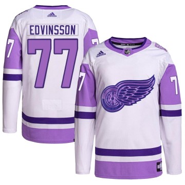 Authentic Adidas Men's Simon Edvinsson Detroit Red Wings Hockey Fights Cancer Primegreen Jersey - White/Purple