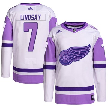 Authentic Adidas Men's Ted Lindsay Detroit Red Wings Hockey Fights Cancer Primegreen Jersey - White/Purple