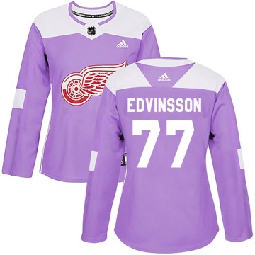 Authentic Adidas Women's Simon Edvinsson Detroit Red Wings Hockey Fights Cancer Practice Jersey - Purple