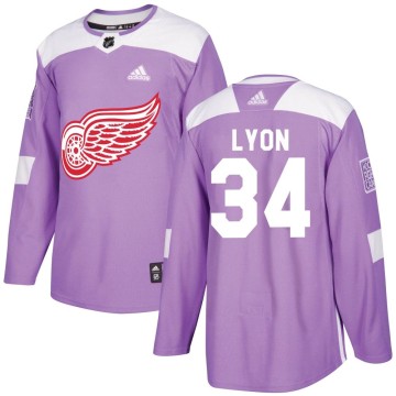Authentic Adidas Youth Alex Lyon Detroit Red Wings Hockey Fights Cancer Practice Jersey - Purple