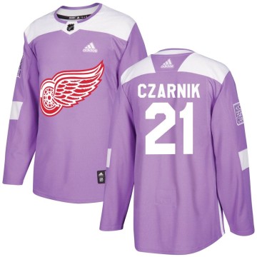 Authentic Adidas Youth Austin Czarnik Detroit Red Wings Hockey Fights Cancer Practice Jersey - Purple