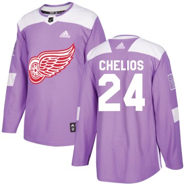 Authentic Adidas Youth Chris Chelios Detroit Red Wings Hockey Fights Cancer Practice Jersey - Purple