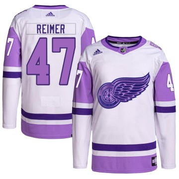 Authentic Adidas Youth James Reimer Detroit Red Wings Hockey Fights Cancer Primegreen Jersey - White/Purple