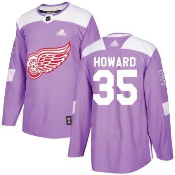 Authentic Adidas Youth Jimmy Howard Detroit Red Wings Hockey Fights Cancer Practice Jersey - Purple