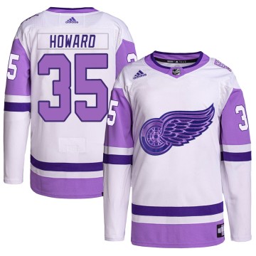 Authentic Adidas Youth Jimmy Howard Detroit Red Wings Hockey Fights Cancer Primegreen Jersey - White/Purple