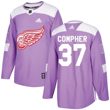 Authentic Adidas Youth J.T. Compher Detroit Red Wings Hockey Fights Cancer Practice Jersey - Purple