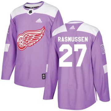 Authentic Adidas Youth Michael Rasmussen Detroit Red Wings Hockey Fights Cancer Practice Jersey - Purple