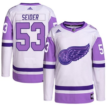 Authentic Adidas Youth Moritz Seider Detroit Red Wings Hockey Fights Cancer Primegreen Jersey - White/Purple