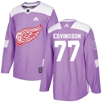 Authentic Adidas Youth Simon Edvinsson Detroit Red Wings Hockey Fights Cancer Practice Jersey - Purple