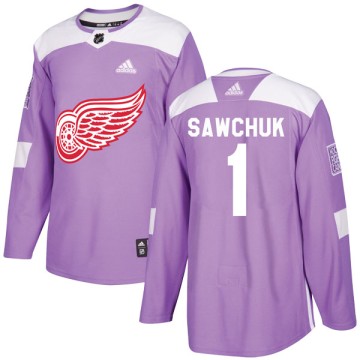 Authentic Adidas Youth Terry Sawchuk Detroit Red Wings Hockey Fights Cancer Practice Jersey - Purple