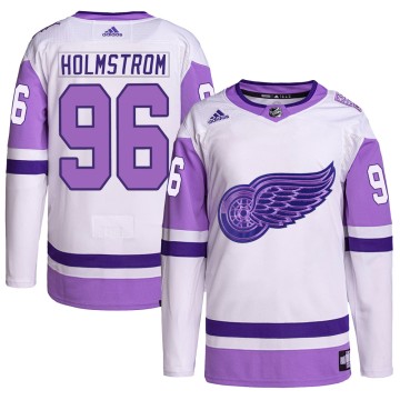 Authentic Adidas Youth Tomas Holmstrom Detroit Red Wings Hockey Fights Cancer Primegreen Jersey - White/Purple