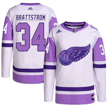 Authentic Adidas Youth Victor Brattstrom Detroit Red Wings Hockey Fights Cancer Primegreen Jersey - White/Purple