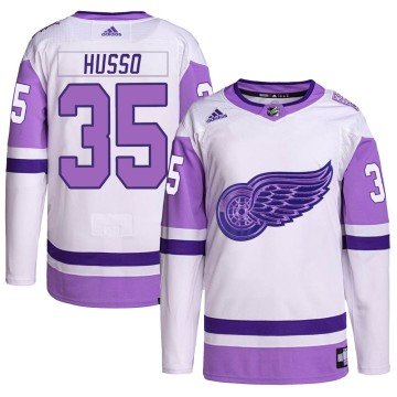 Authentic Adidas Youth Ville Husso Detroit Red Wings Hockey Fights Cancer Primegreen Jersey - White/Purple